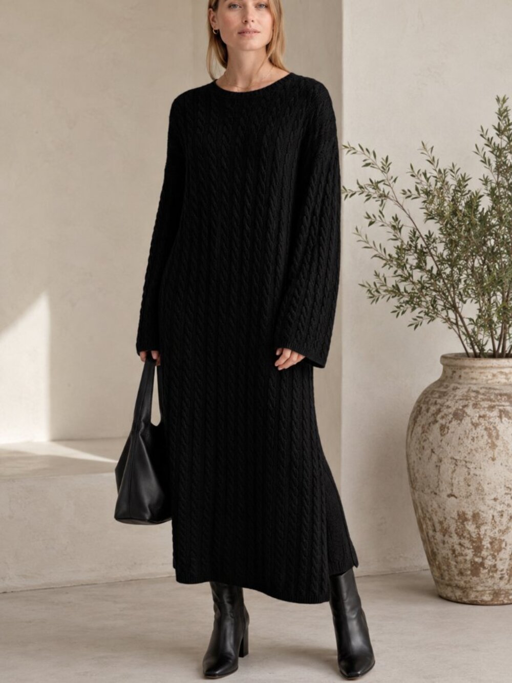 Almada Label Noma Cable Knit Maxi Dress Merino Cashmere Sweater Black S